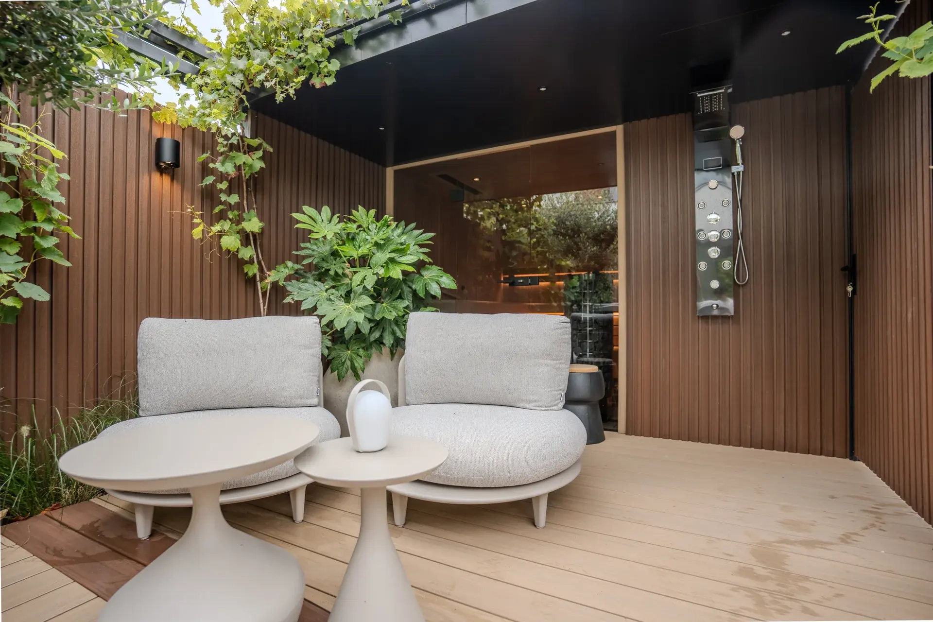 The seating area outside the bespoke sauna