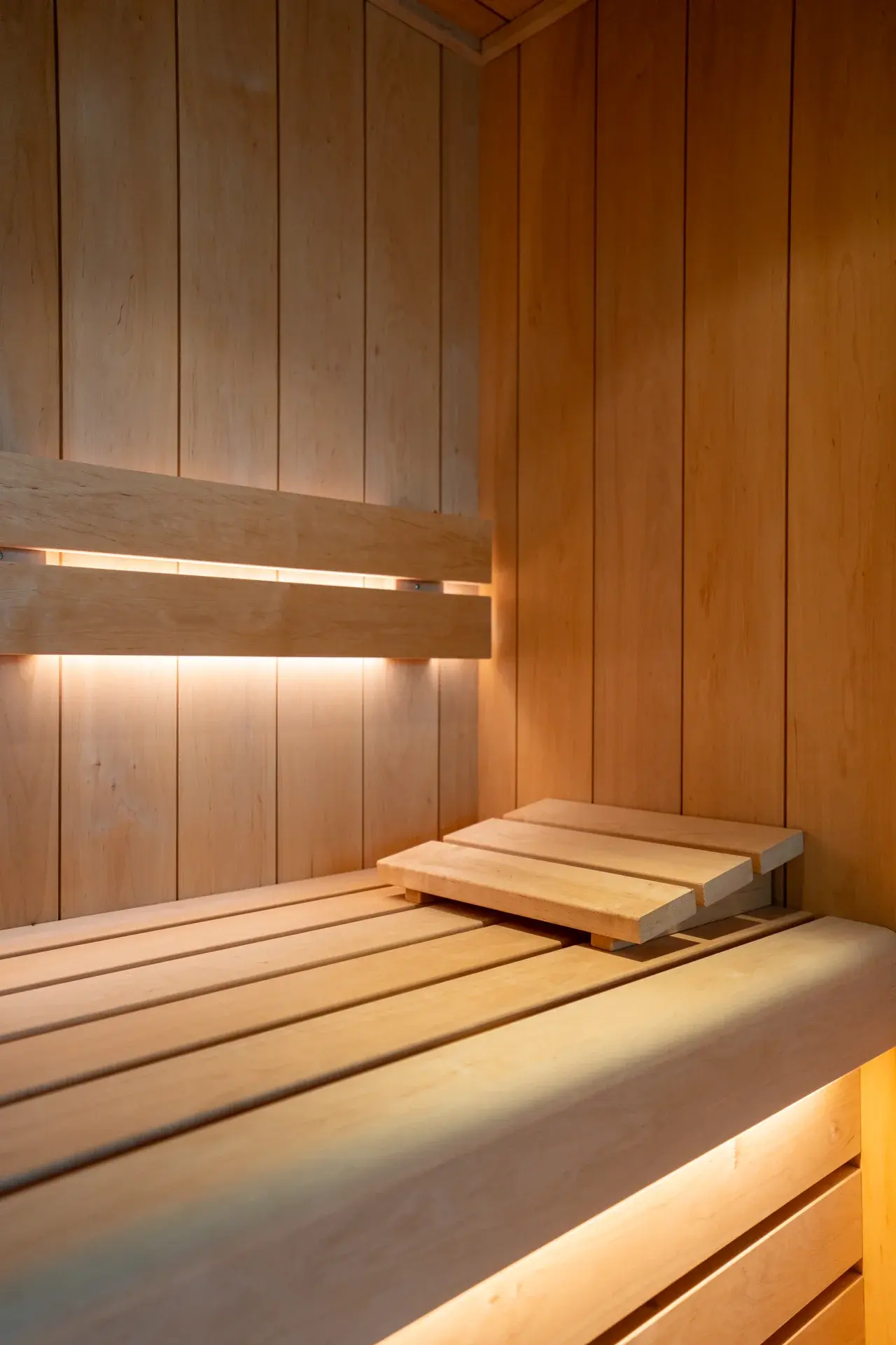 Timber benches, backrests and lighting inside the sauna