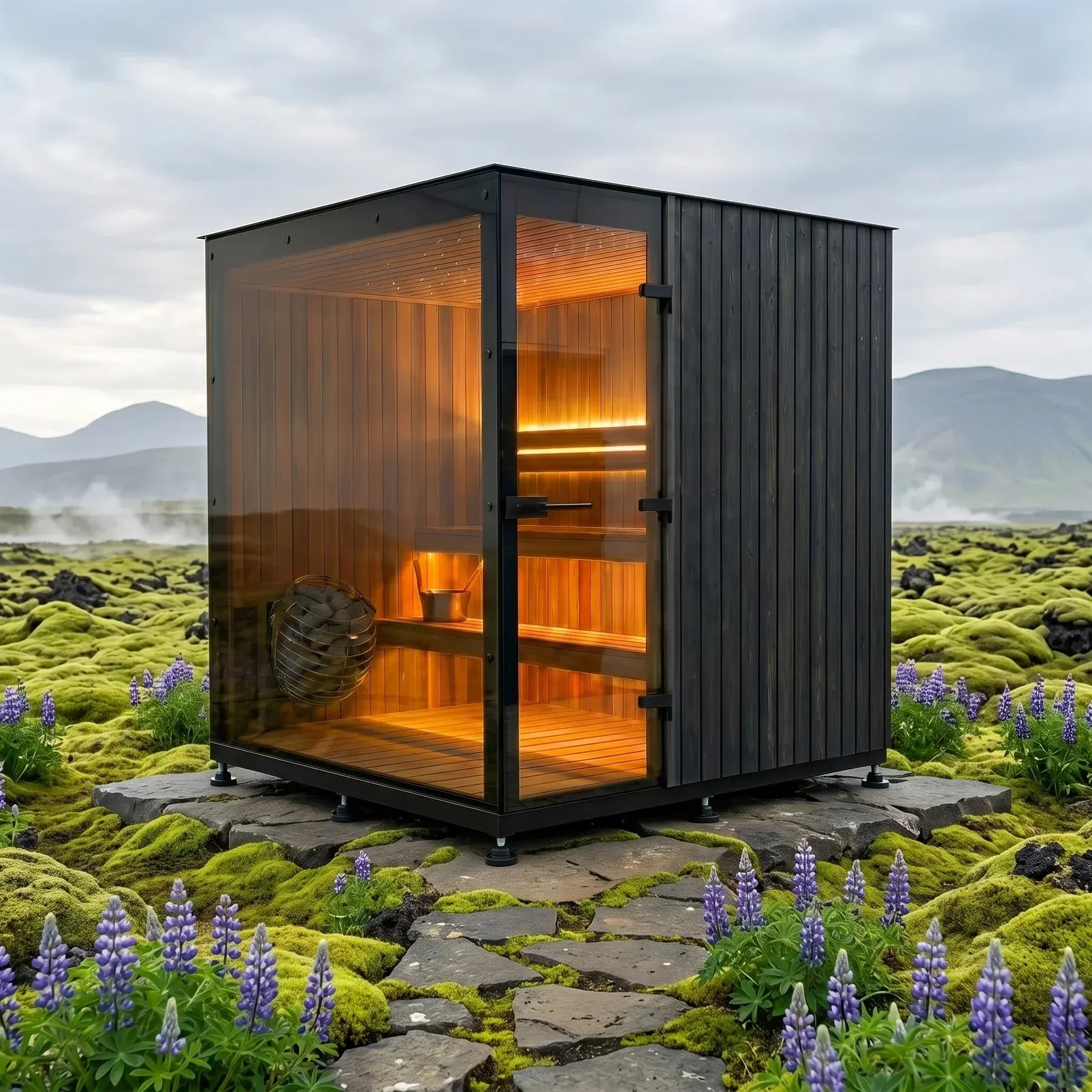 Freestanding outdoor sauna in a garden